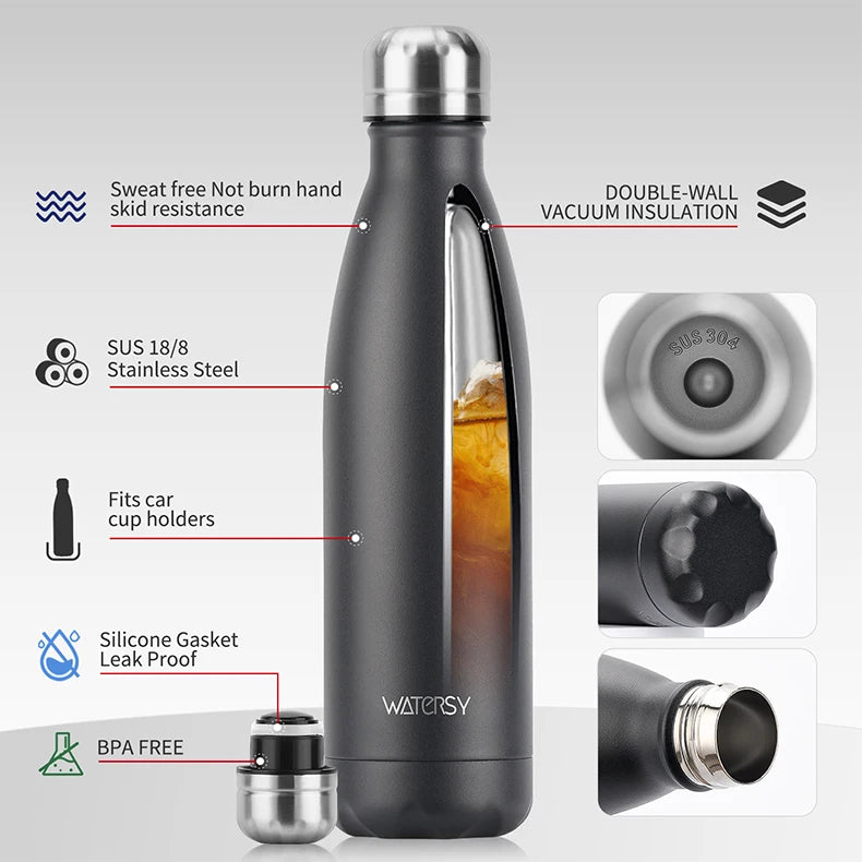 Stainless Steel Water Bottle 500ml Insulated Vacuum Flask Double Wall Thermal Cup Keep Cold Hot Sports Kettle