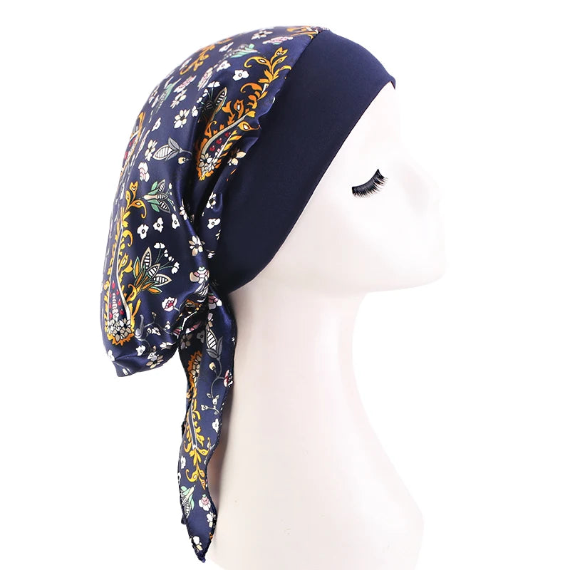 Premium Women Pre-Tied Satin Turban Muslim Inner Hijabs Cancer Chemo Caps Headscarf Hair Loss Headwrap Bandana Elastic Hair Accessories