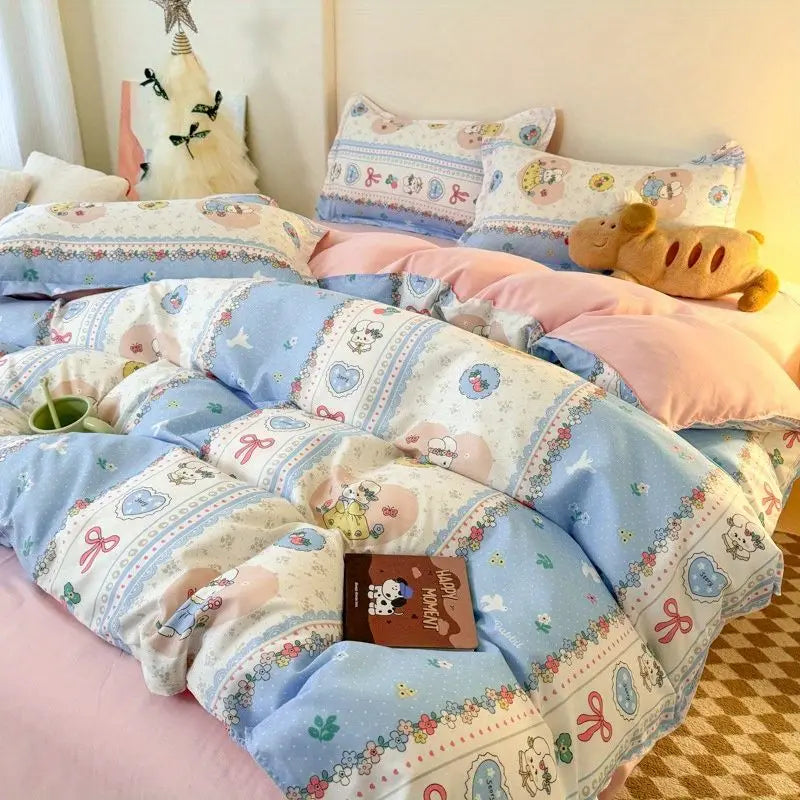 Boys & Girls Cute Rabbit Bedding Set New No Filler Ins Floral Duvet Cover Flat Sheet Pillowcases Twin Queen Size Comforter Cover