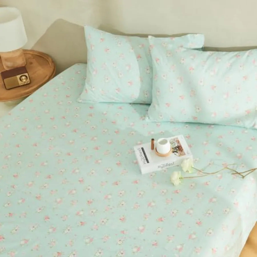 Natural Mint Floral Sheets King Size Deep Pocket Sheets Black Soft Breathable Farmhouse 4pcs Bed Sheet Sets