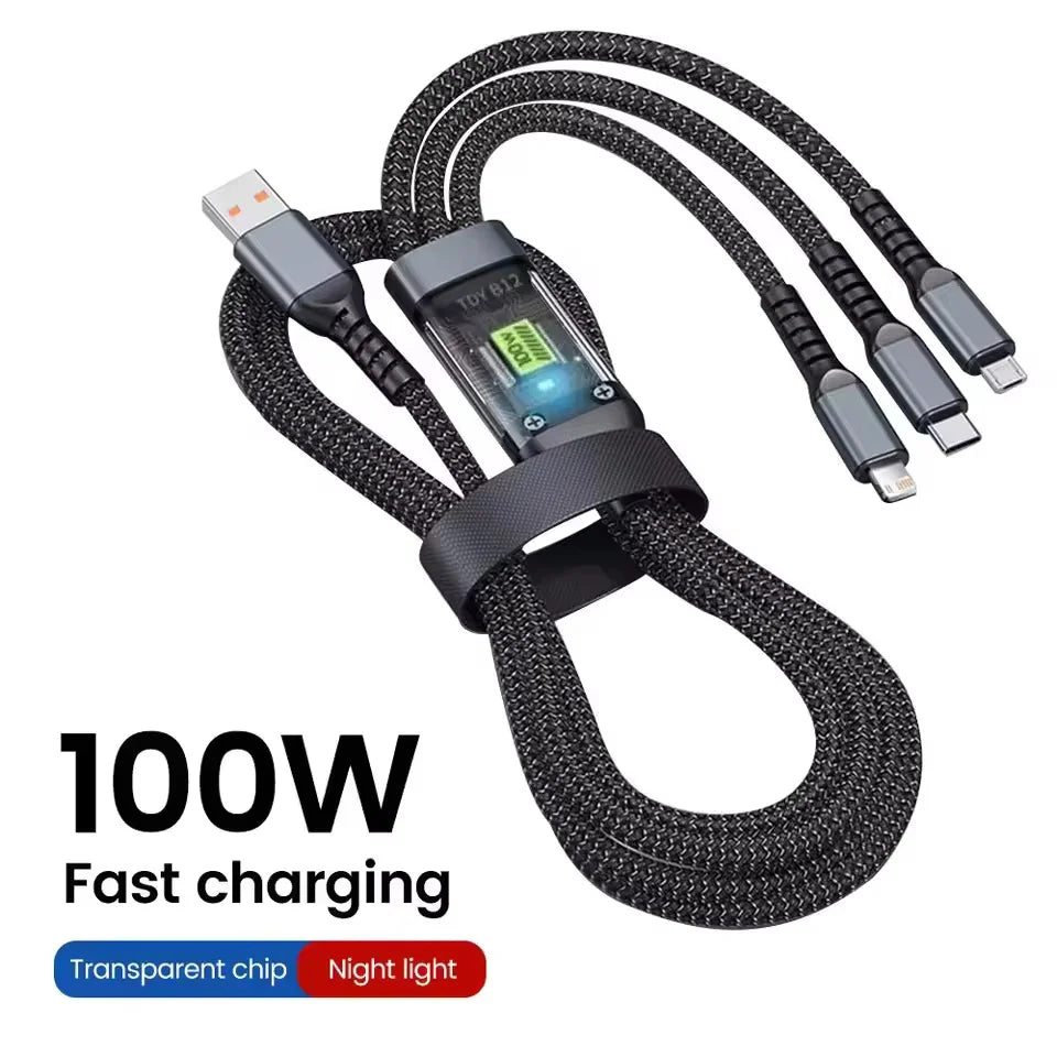 Multi Charger 3 in 1 100W Transparent Pilot Lamp Super Fast Charging Cable Universal with Type C Usb Micro for Iphone Samsung Huawei Xiaomi 6A