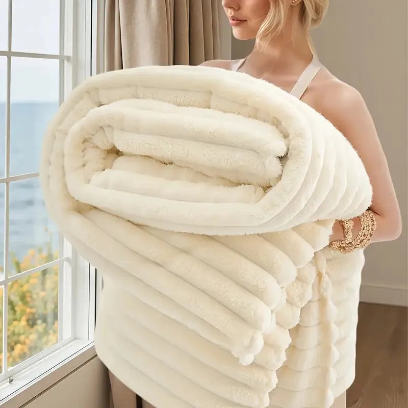 Striped Flannel Fleece Blanket Ultra-Soft, Light weight  Fur Rabbit Blanket 3Lbs , BEST PRICE IN US