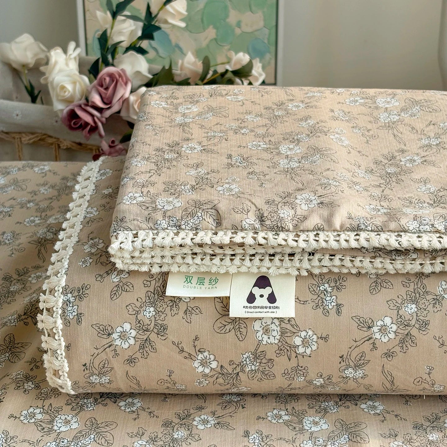 Spring & Summer  Floral Print Double Gauze Bed Sheet with Fringe Lace Trim
