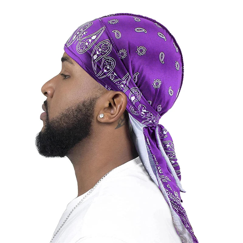Premium Men Satin Paisley Printed Durag Turban Bandanas Headwear Silky DuRag Doo Rag Long Tail Pirate Hat Wave Caps Hair Accessories