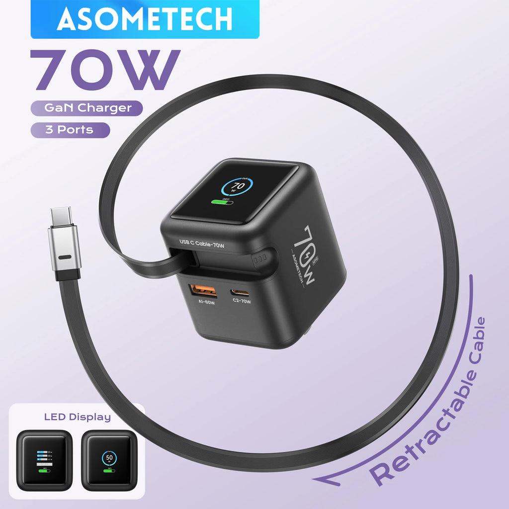 Fast Charging 70W GaN Charger With Retractable Type C Cable 45W PD QC PPS Travel Charger for iPhone 16 Laptop Macbook Tablet Samsung