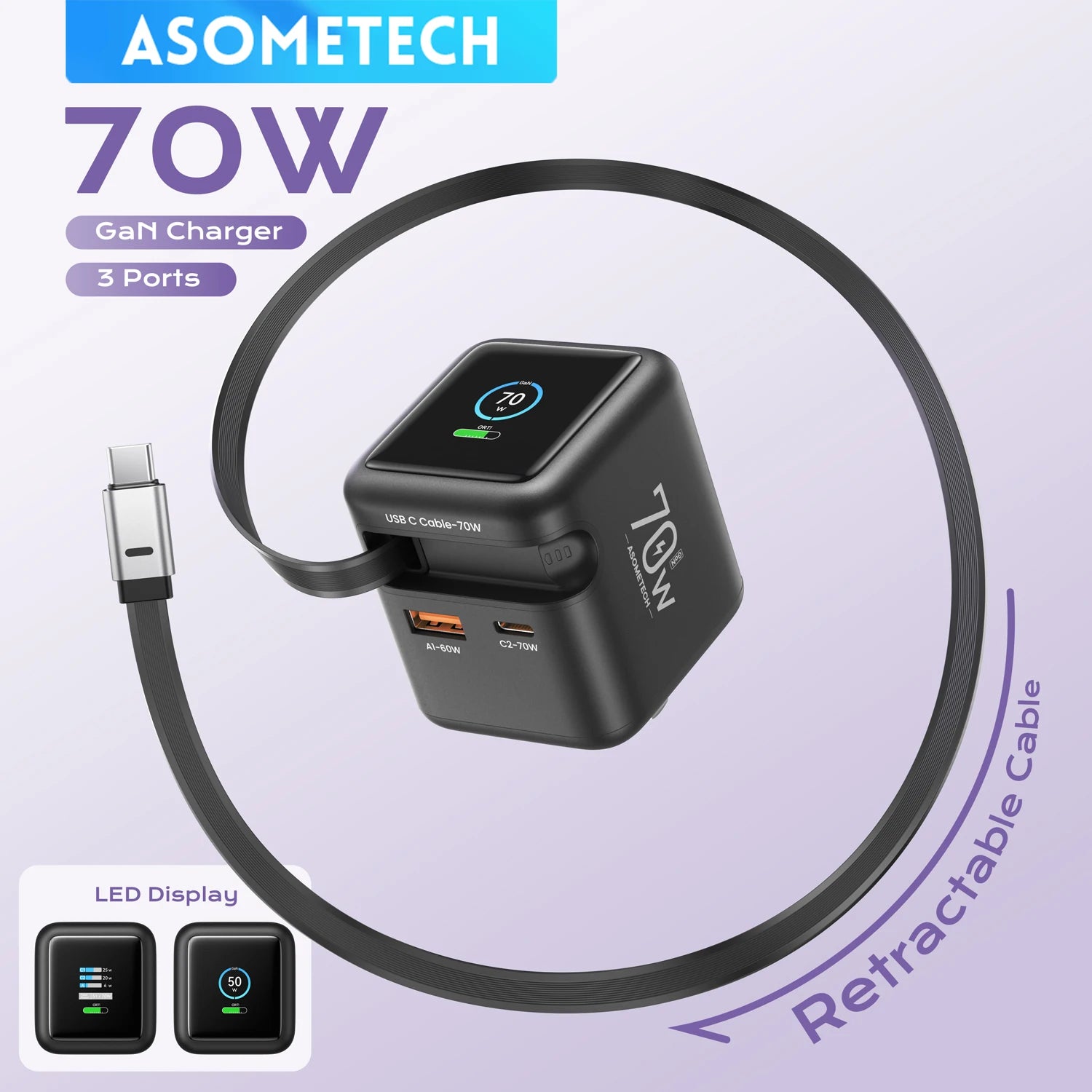Fast Charging 70W GaN Charger With Retractable Type C Cable 45W PD QC PPS Travel Charger for iPhone 16 Laptop Macbook Tablet Samsung