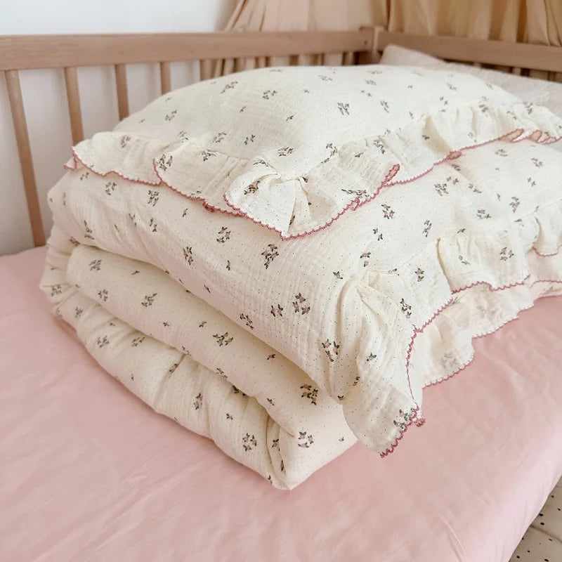 Cozy Princess Ruffle Edge Gauze 100% Cotton Pillow Case Breathable Duvet Cover Without Filler 3PCS Floral Home Bedding Set