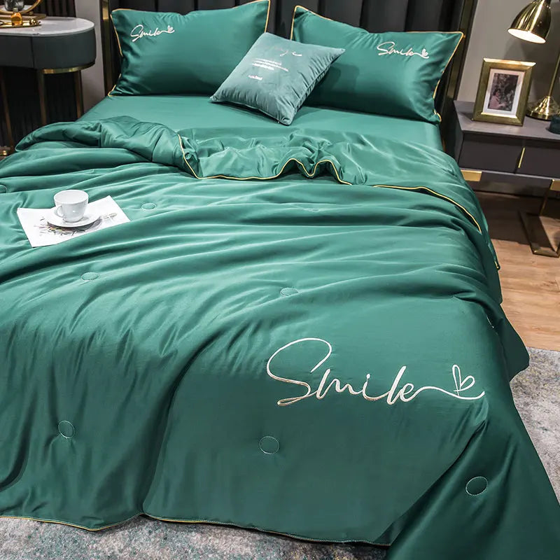 Cool Set 100% Washed Silk Summer Quilt Embroidery Smooth Ice Cooling Comforter for Bed Silky Solid Blanket Soft Cool Summer Blanket