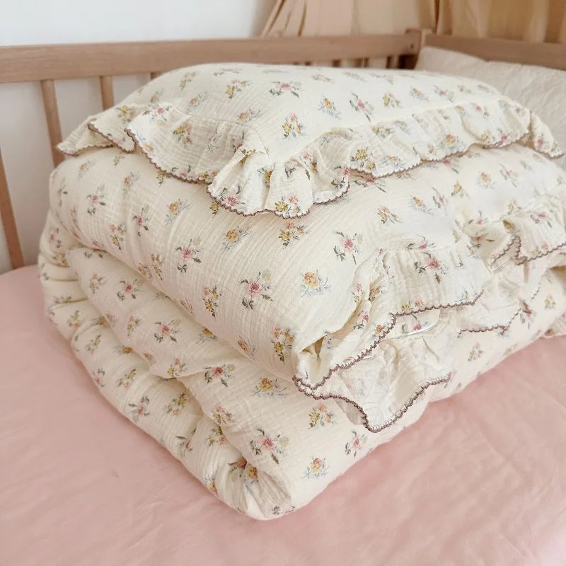 Cozy Princess Ruffle Edge Gauze 100% Cotton Pillow Case Breathable Duvet Cover Without Filler 3PCS Floral Home Bedding Set