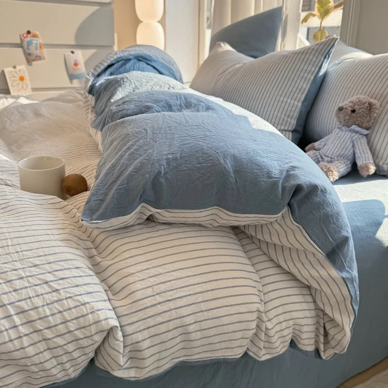 100% Pure Cotton Home Textile Striped Bedding Set Simple Soft Duvet Cover Sheet Pillowcase Ins Style Bed Linens Queen King Size 2025