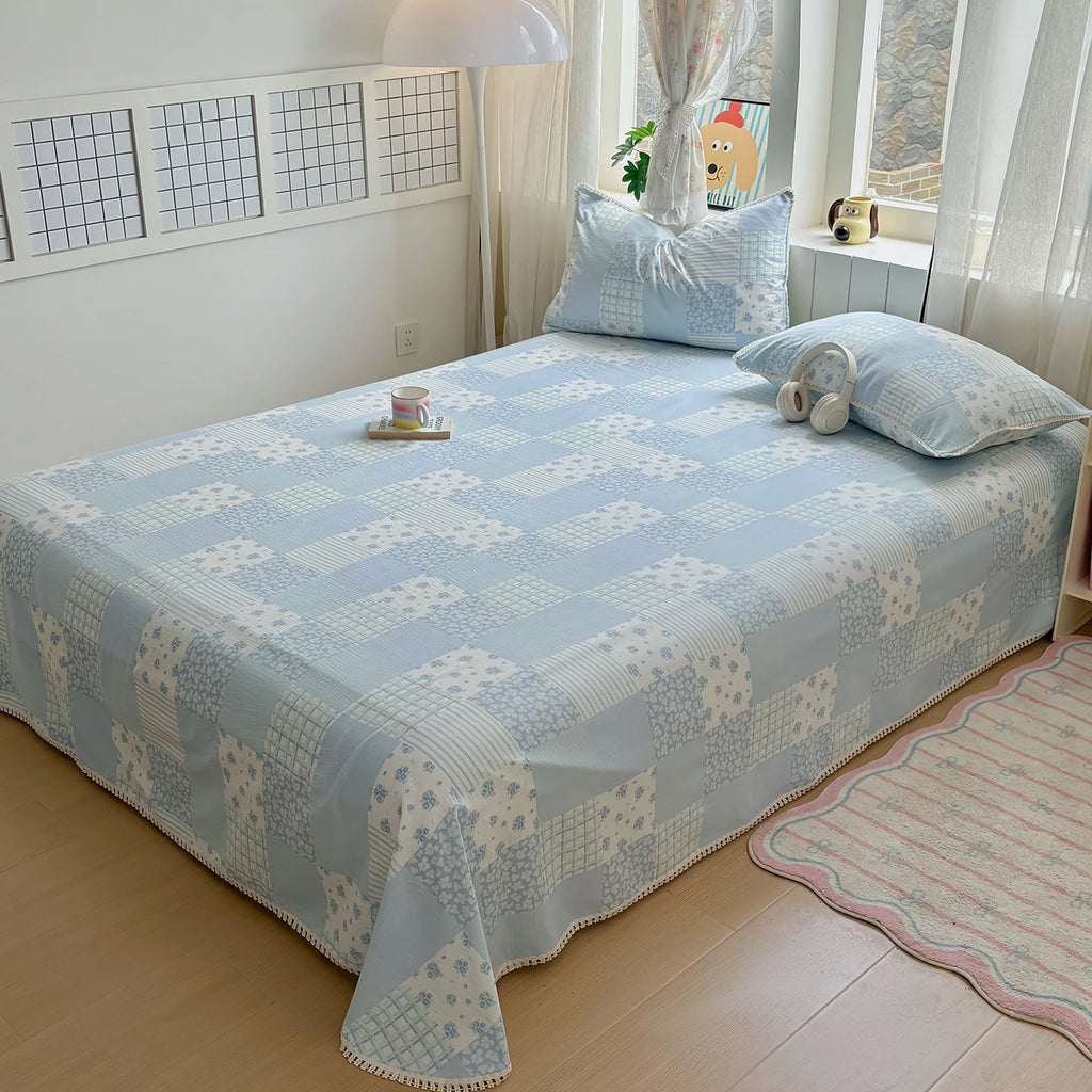Spring & Summer  Floral Print Double Gauze Bed Sheet with Fringe Lace Trim