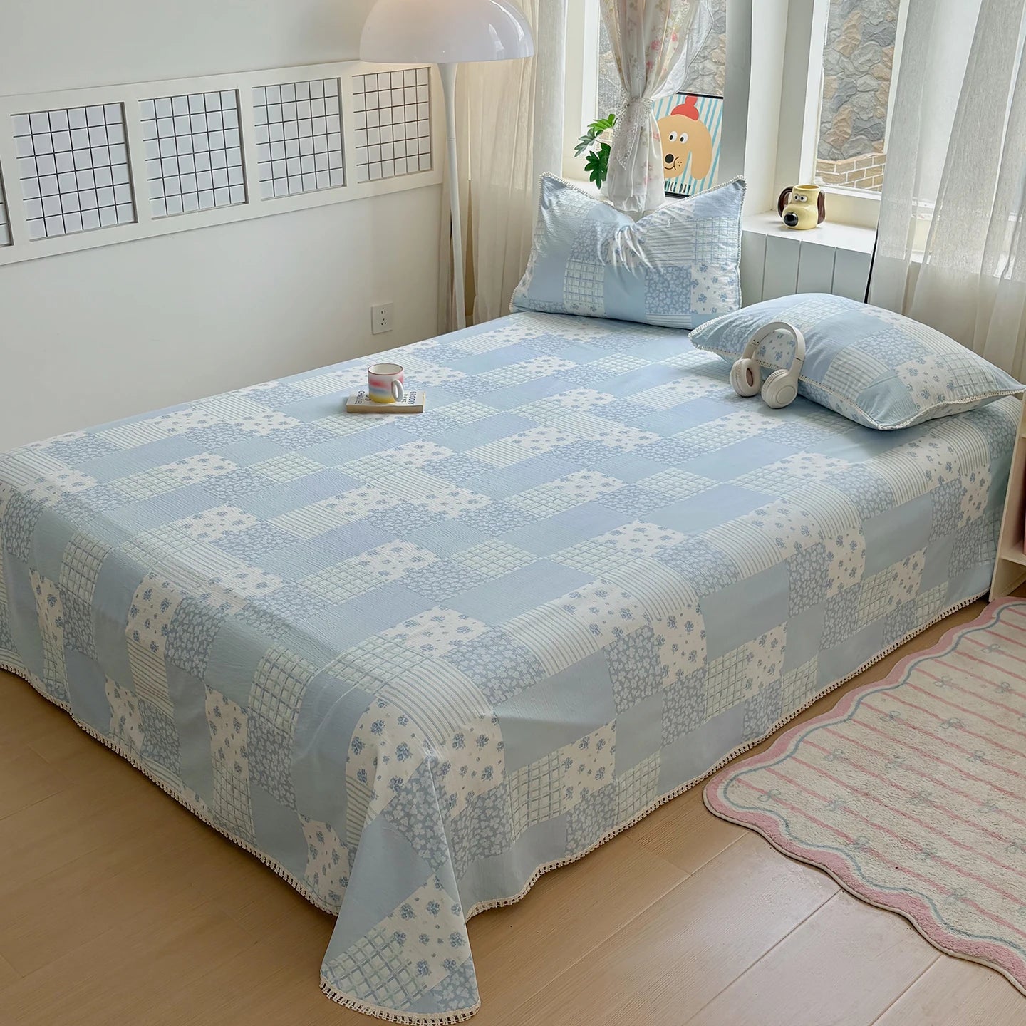 Spring & Summer  Floral Print Double Gauze Bed Sheet with Fringe Lace Trim