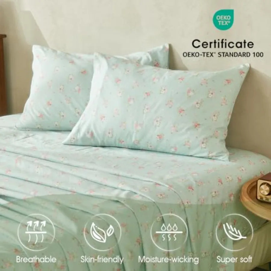 Natural Mint Floral Sheets King Size Deep Pocket Sheets Black Soft Breathable Farmhouse 4pcs Bed Sheet Sets