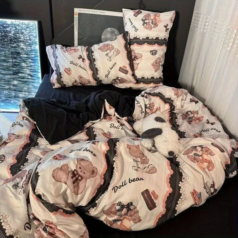 Boys & Girls Cute Rabbit Bedding Set New No Filler Ins Floral Duvet Cover Flat Sheet Pillowcases Twin Queen Size Comforter Cover