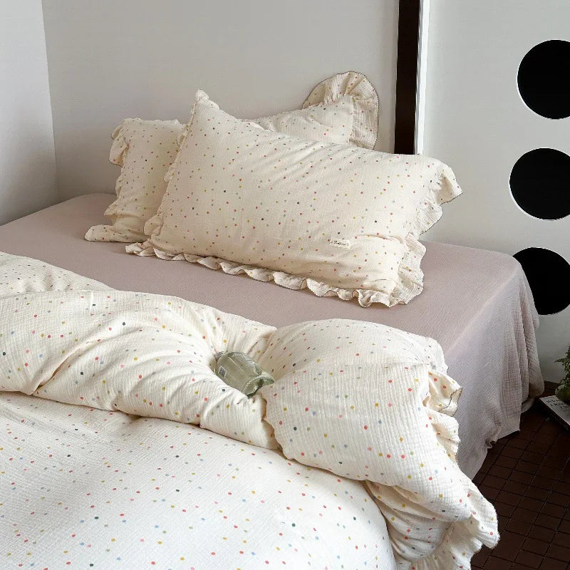 Cozy Princess Ruffle Edge Gauze 100% Cotton Pillow Case Breathable Duvet Cover Without Filler 3PCS Floral Home Bedding Set
