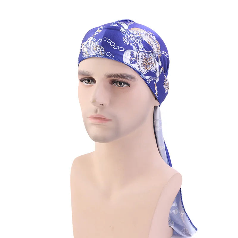 Large  Silk Cashew Style Printed Durag Turban For Women Men Bandanas Headwear Silky Rag Long Tail Pirate Hat Caps Hair Accessories
