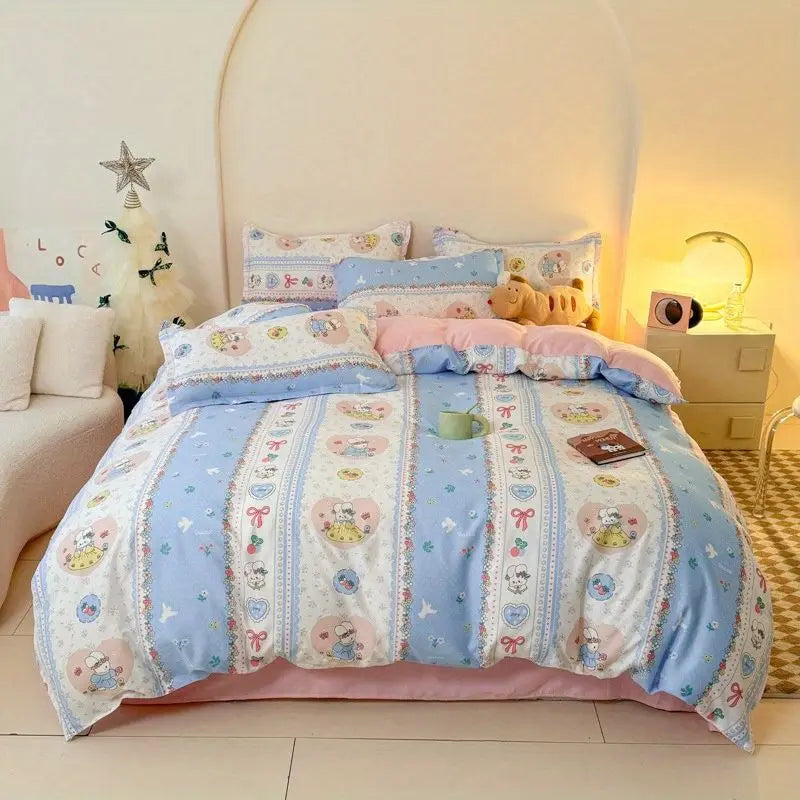 Boys & Girls Cute Rabbit Bedding Set New No Filler Ins Floral Duvet Cover Flat Sheet Pillowcases Twin Queen Size Comforter Cover