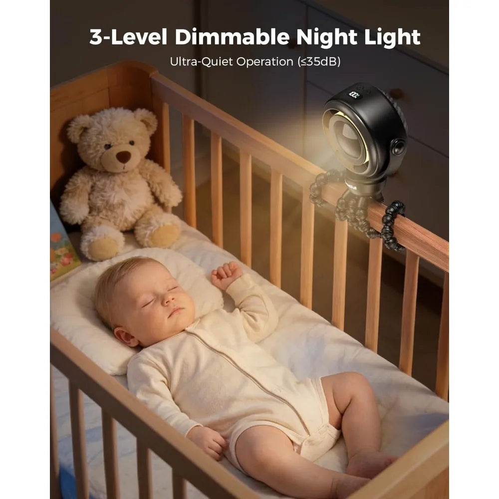 Flexible Portable 4-Speed Rechargeable Stroller Fan with LED Display & Night Light