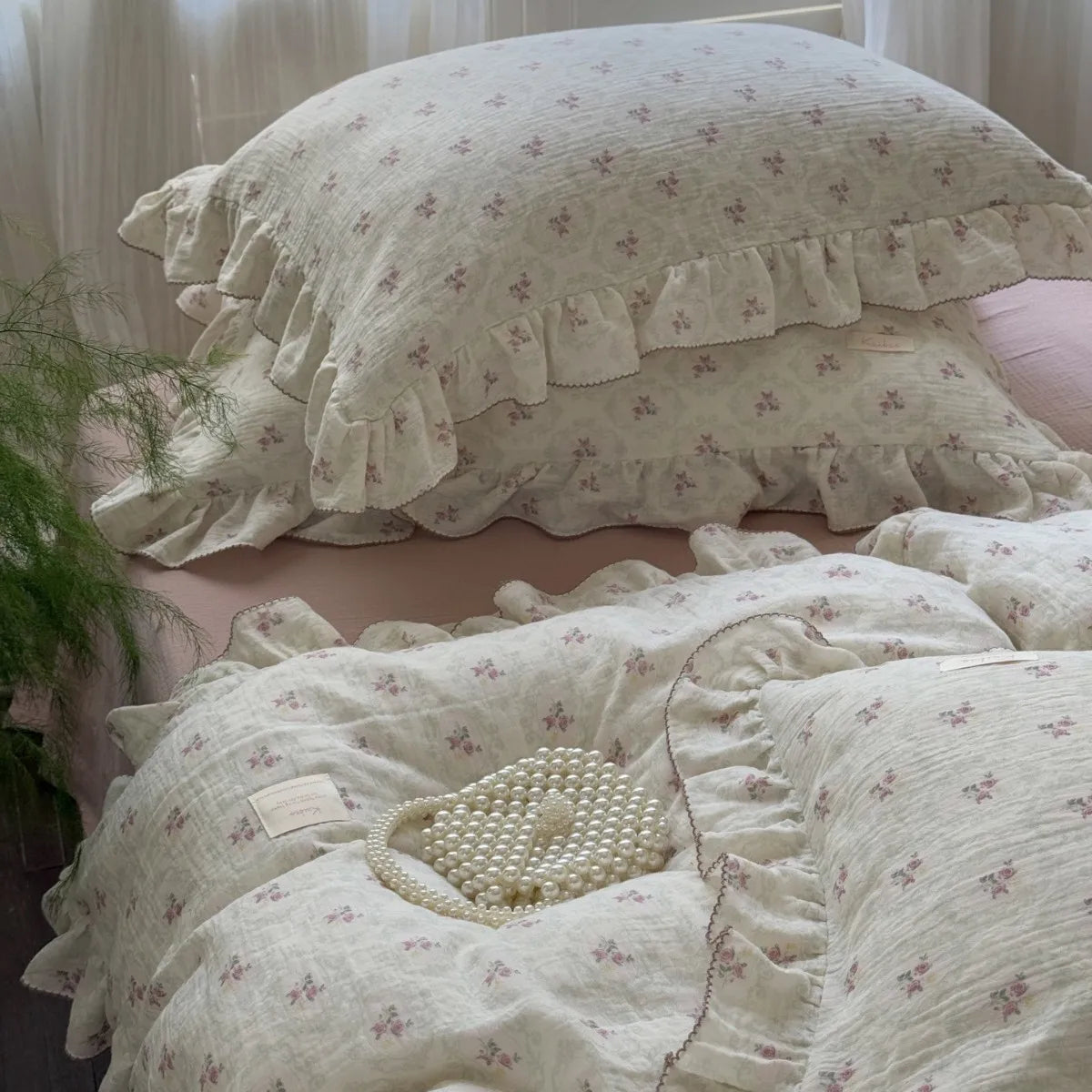 Cozy Princess Ruffle Edge Gauze 100% Cotton Pillow Case Breathable Duvet Cover Without Filler 3PCS Floral Home Bedding Set