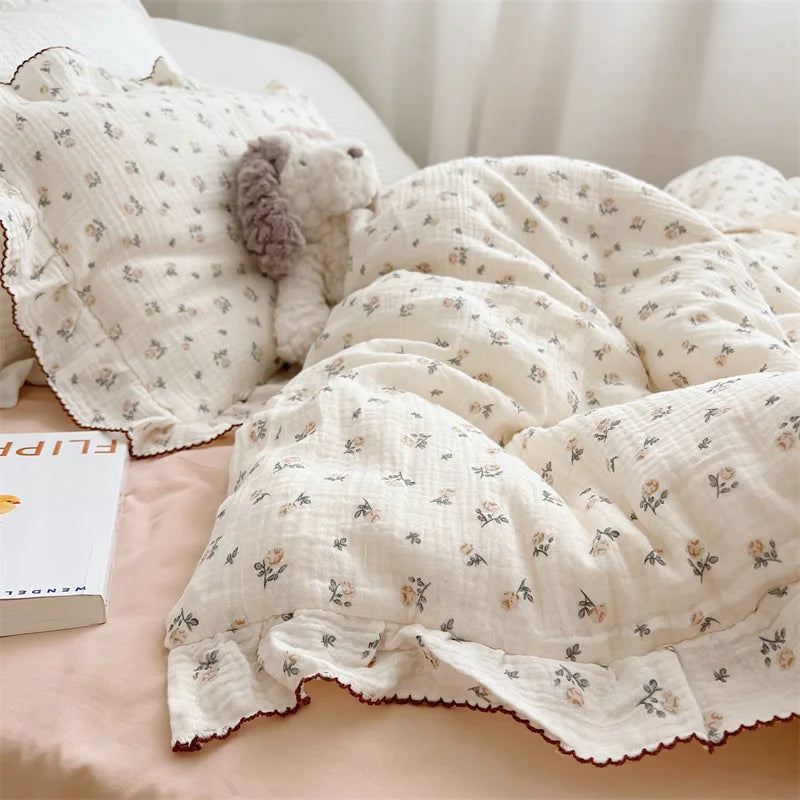 Cozy Princess Ruffle Edge Gauze 100% Cotton Pillow Case Breathable Duvet Cover Without Filler 3PCS Floral Home Bedding Set