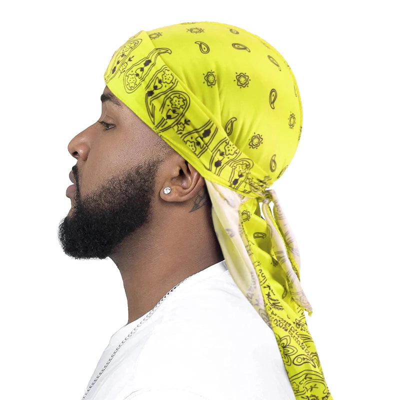 Premium Men Satin Paisley Printed Durag Turban Bandanas Headwear Silky DuRag Doo Rag Long Tail Pirate Hat Wave Caps Hair Accessories
