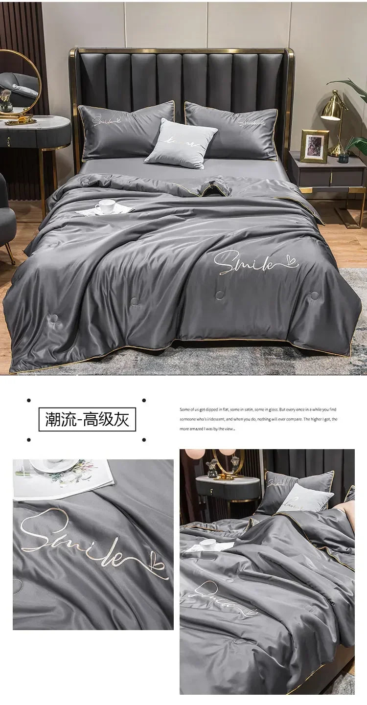 Cool Set 100% Washed Silk Summer Quilt Embroidery Smooth Ice Cooling Comforter for Bed Silky Solid Blanket Soft Cool Summer Blanket