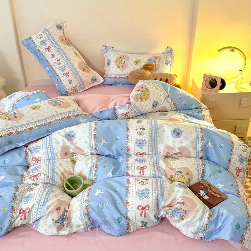 Boys & Girls Cute Rabbit Bedding Set New No Filler Ins Floral Duvet Cover Flat Sheet Pillowcases Twin Queen Size Comforter Cover