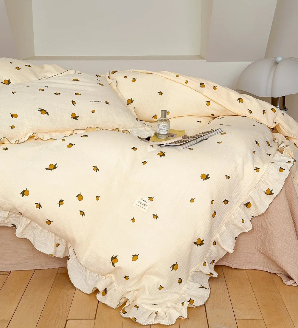 Cozy Princess Ruffle Edge Gauze 100% Cotton Pillow Case Breathable Duvet Cover Without Filler 3PCS Floral Home Bedding Set