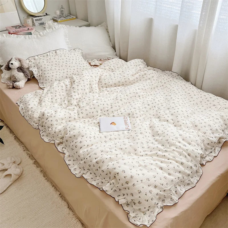 Cozy Princess Ruffle Edge Gauze 100% Cotton Pillow Case Breathable Duvet Cover Without Filler 3PCS Floral Home Bedding Set