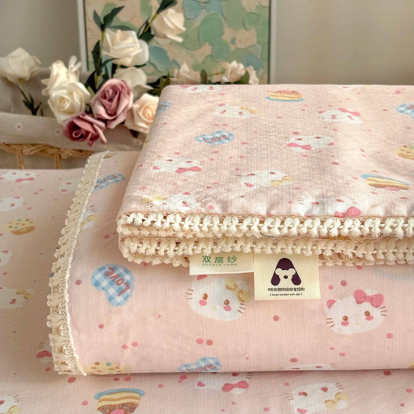 Spring & Summer  Floral Print Double Gauze Bed Sheet with Fringe Lace Trim