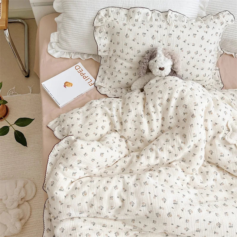 Cozy Princess Ruffle Edge Gauze 100% Cotton Pillow Case Breathable Duvet Cover Without Filler 3PCS Floral Home Bedding Set