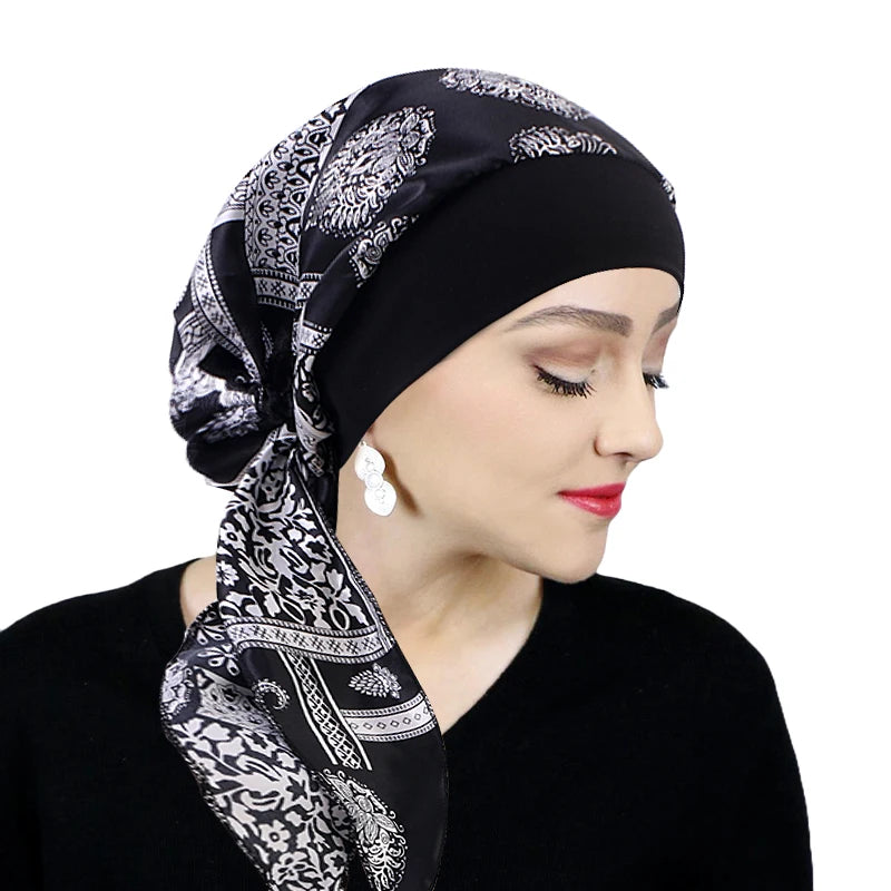 Premium Women Pre-Tied Satin Turban Muslim Inner Hijabs Cancer Chemo Caps Headscarf Hair Loss Headwrap Bandana Elastic Hair Accessories