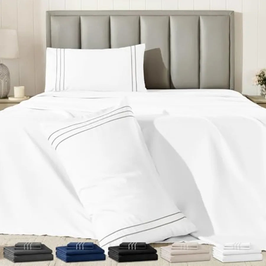 Set with Embroidered Pillowcases Ultra-Soft Size 4 Pcs Sheet Microfiber Comfy Breathable and Cooling Bed Sheets Deep Pocket Fit