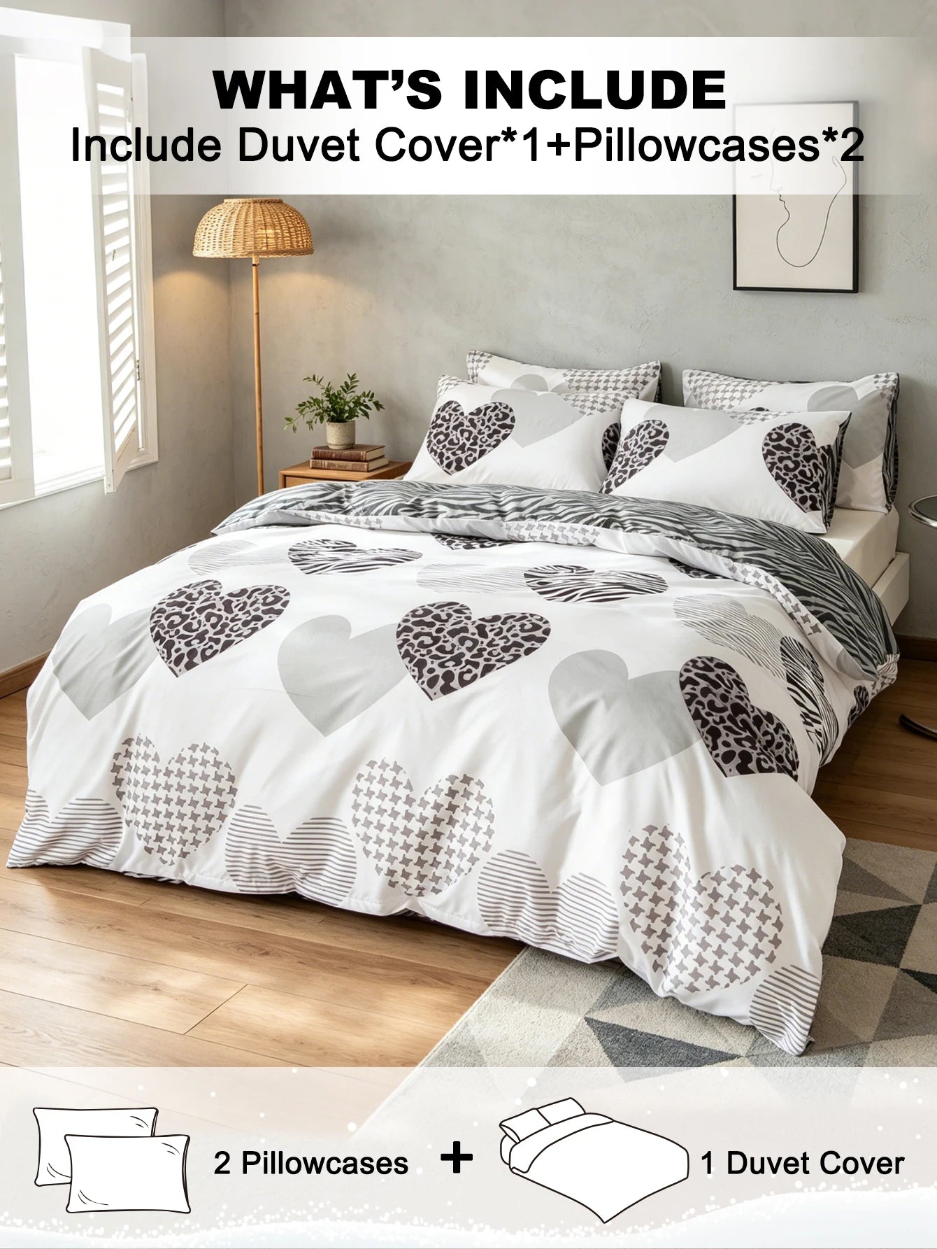 Leopard print heart-shaped duvet cover 3pcs   set, soft and breathable, modern for bedroom decoration, queen/king size bed