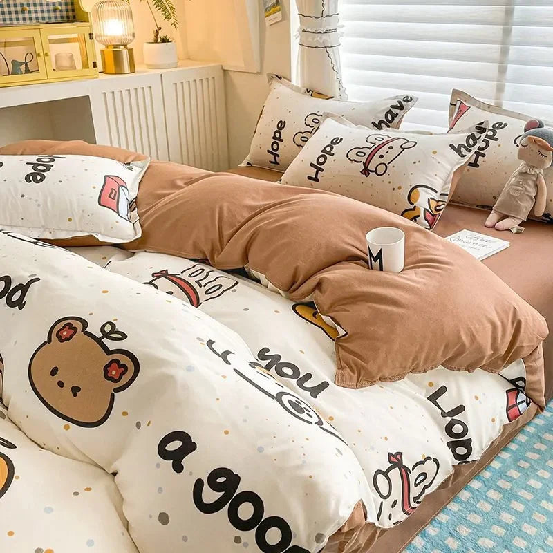 Boys & Girls Cute Rabbit Bedding Set New No Filler Ins Floral Duvet Cover Flat Sheet Pillowcases Twin Queen Size Comforter Cover