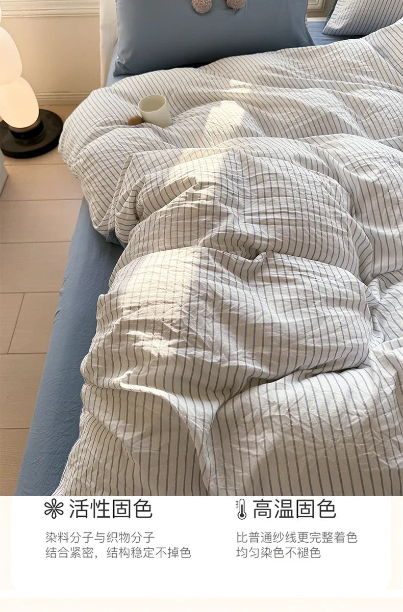 100% Pure Cotton Home Textile Striped Bedding Set Simple Soft Duvet Cover Sheet Pillowcase Ins Style Bed Linens Queen King Size 2025