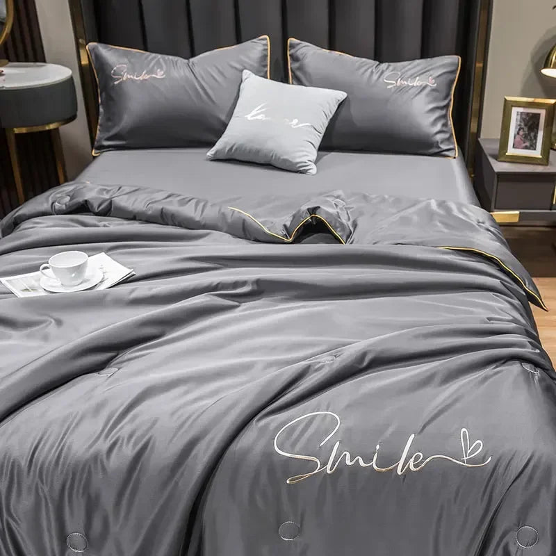 Cool Set 100% Washed Silk Summer Quilt Embroidery Smooth Ice Cooling Comforter for Bed Silky Solid Blanket Soft Cool Summer Blanket