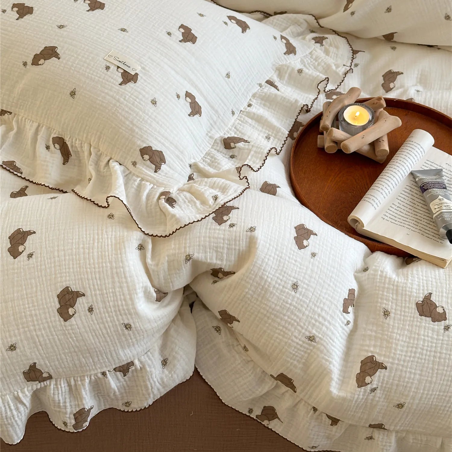Cozy Princess Ruffle Edge Gauze 100% Cotton Pillow Case Breathable Duvet Cover Without Filler 3PCS Floral Home Bedding Set