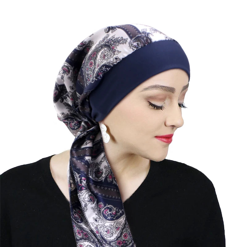 Premium Women Pre-Tied Satin Turban Muslim Inner Hijabs Cancer Chemo Caps Headscarf Hair Loss Headwrap Bandana Elastic Hair Accessories