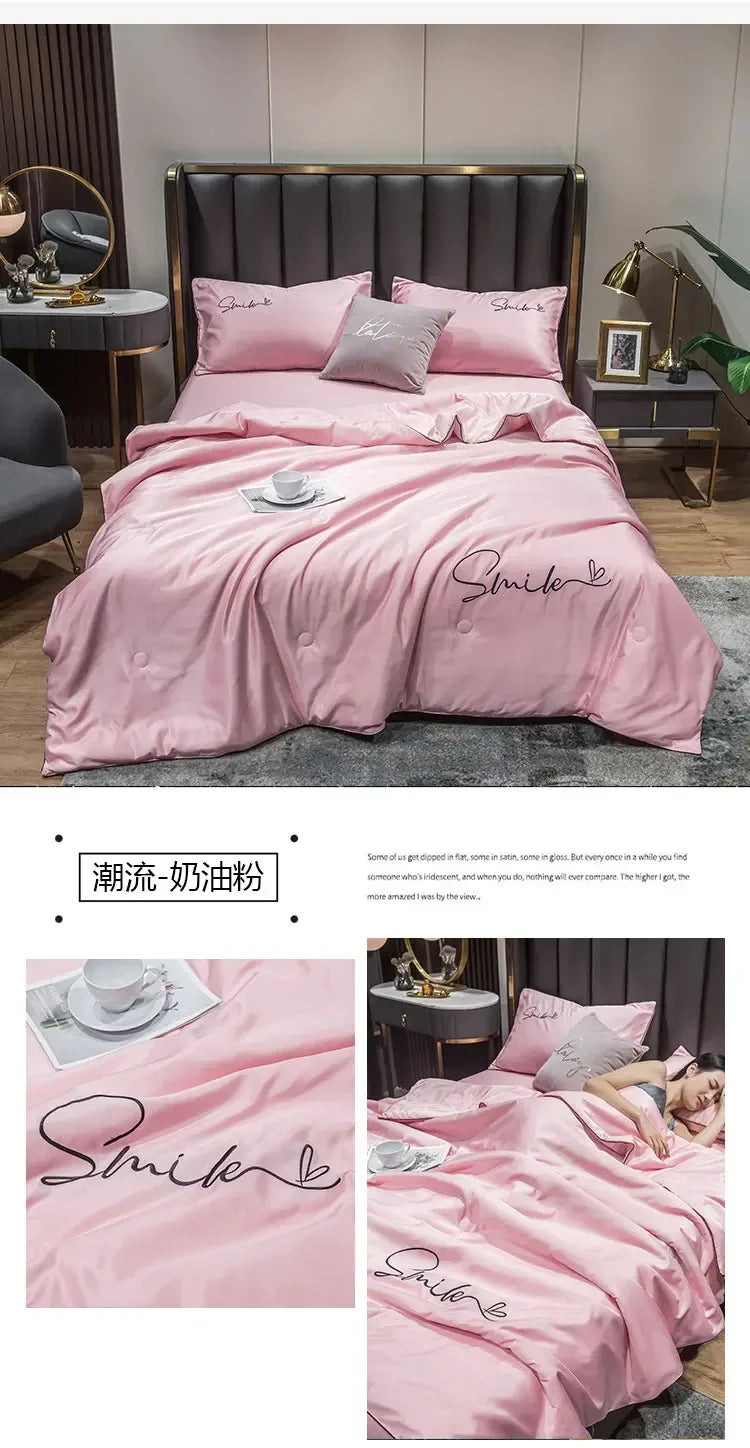 Cool Set 100% Washed Silk Summer Quilt Embroidery Smooth Ice Cooling Comforter for Bed Silky Solid Blanket Soft Cool Summer Blanket
