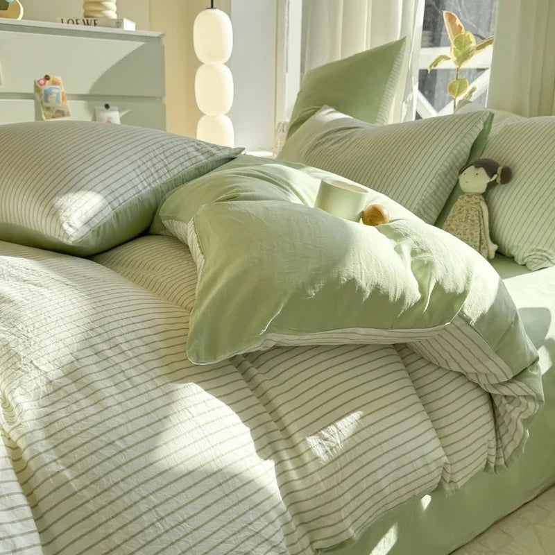 100% Pure Cotton Home Textile Striped Bedding Set Simple Soft Duvet Cover Sheet Pillowcase Ins Style Bed Linens Queen King Size 2025