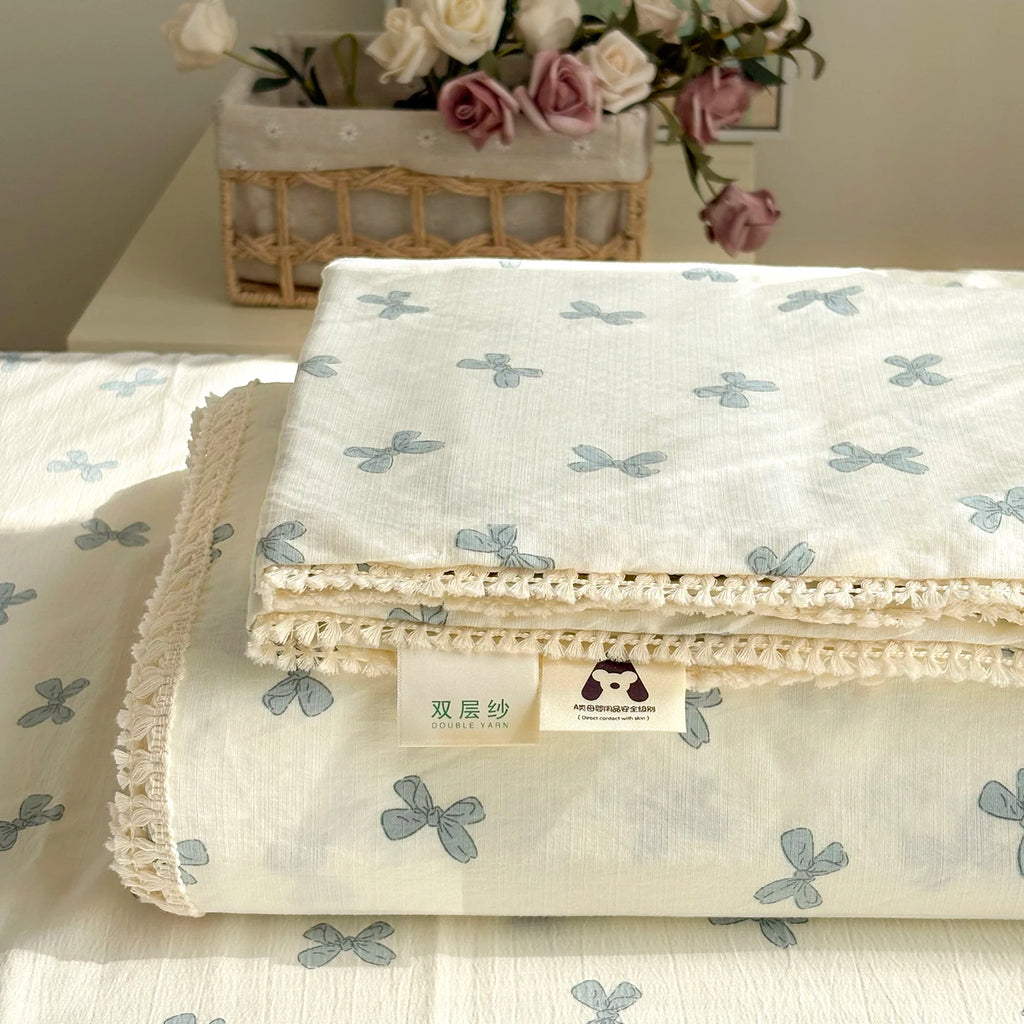 Spring & Summer  Floral Print Double Gauze Bed Sheet with Fringe Lace Trim