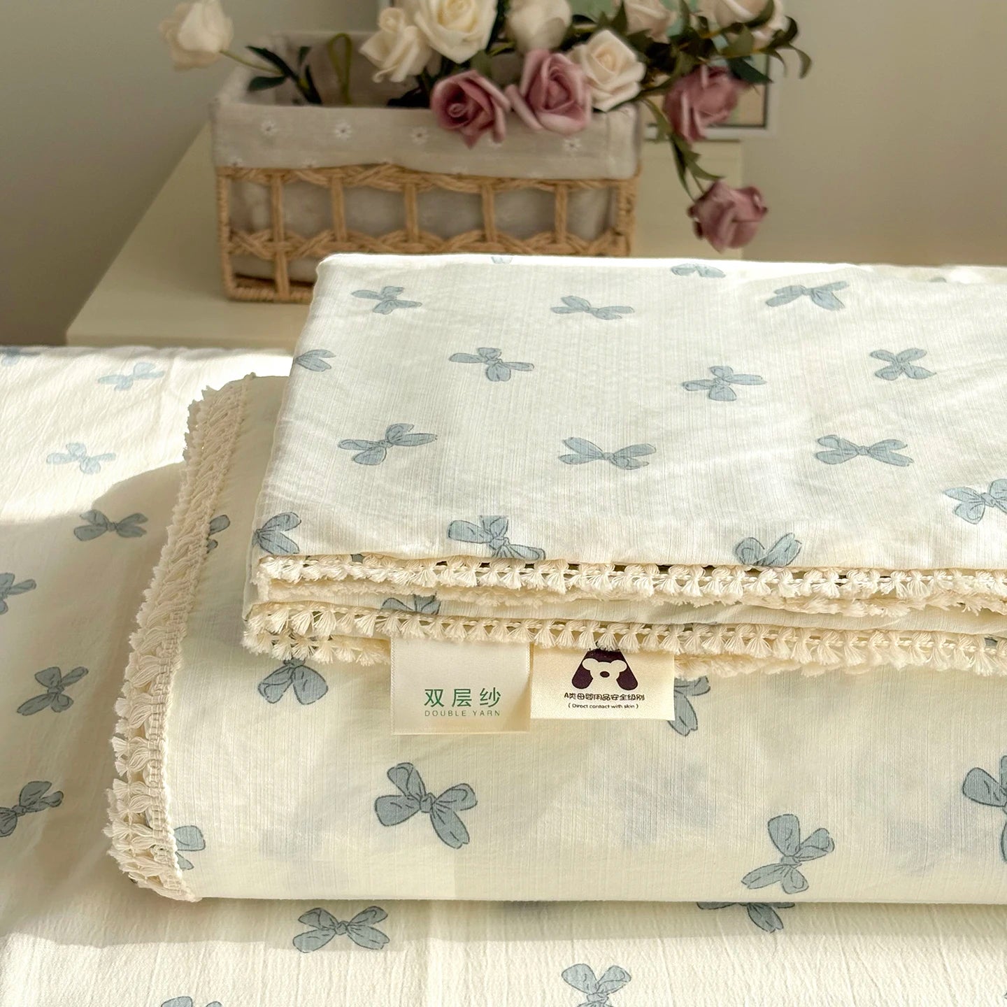 Spring & Summer  Floral Print Double Gauze Bed Sheet with Fringe Lace Trim
