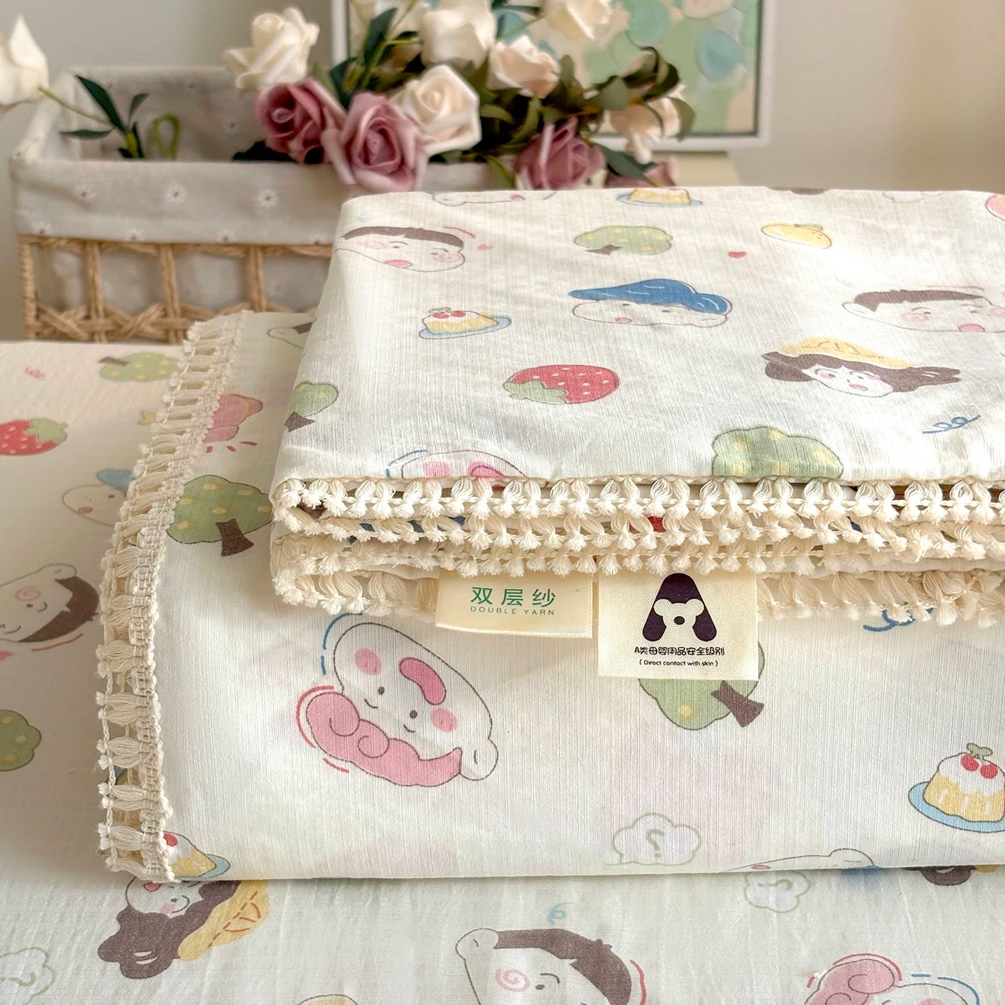 Spring & Summer  Floral Print Double Gauze Bed Sheet with Fringe Lace Trim
