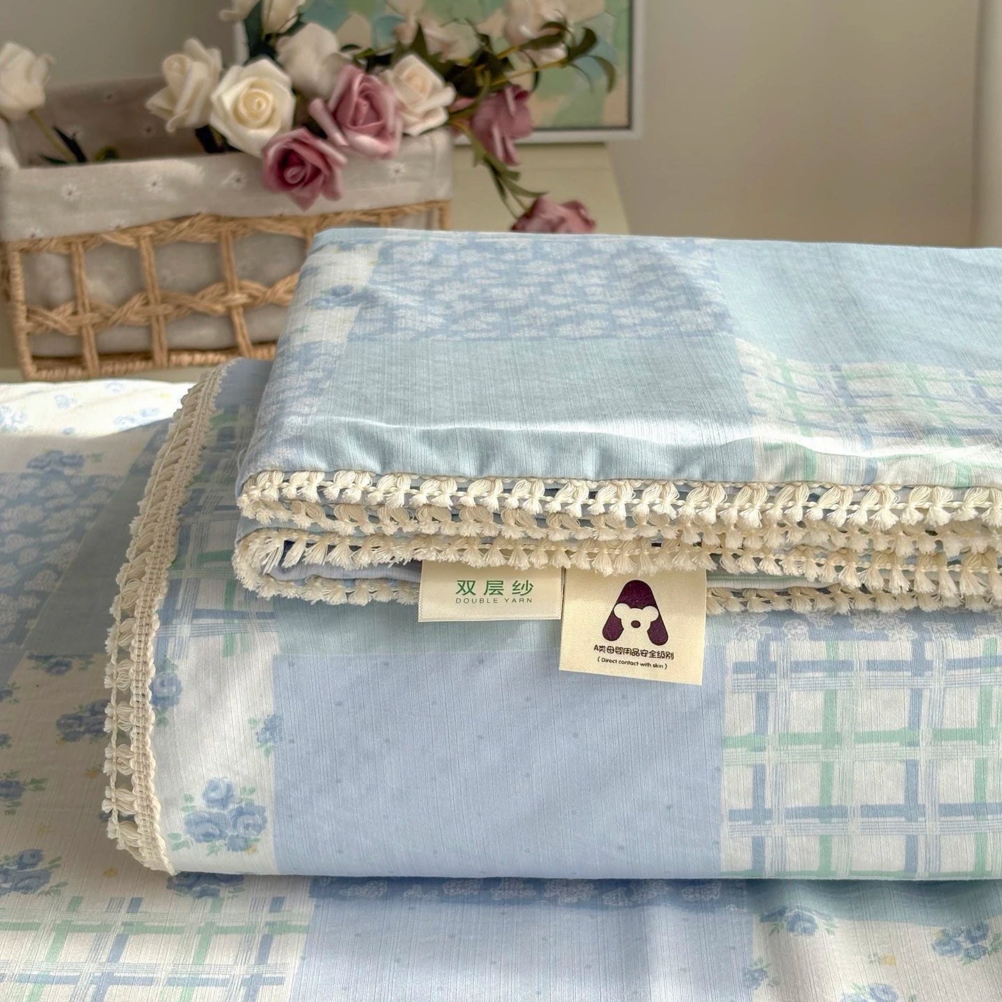 Spring & Summer  Floral Print Double Gauze Bed Sheet with Fringe Lace Trim