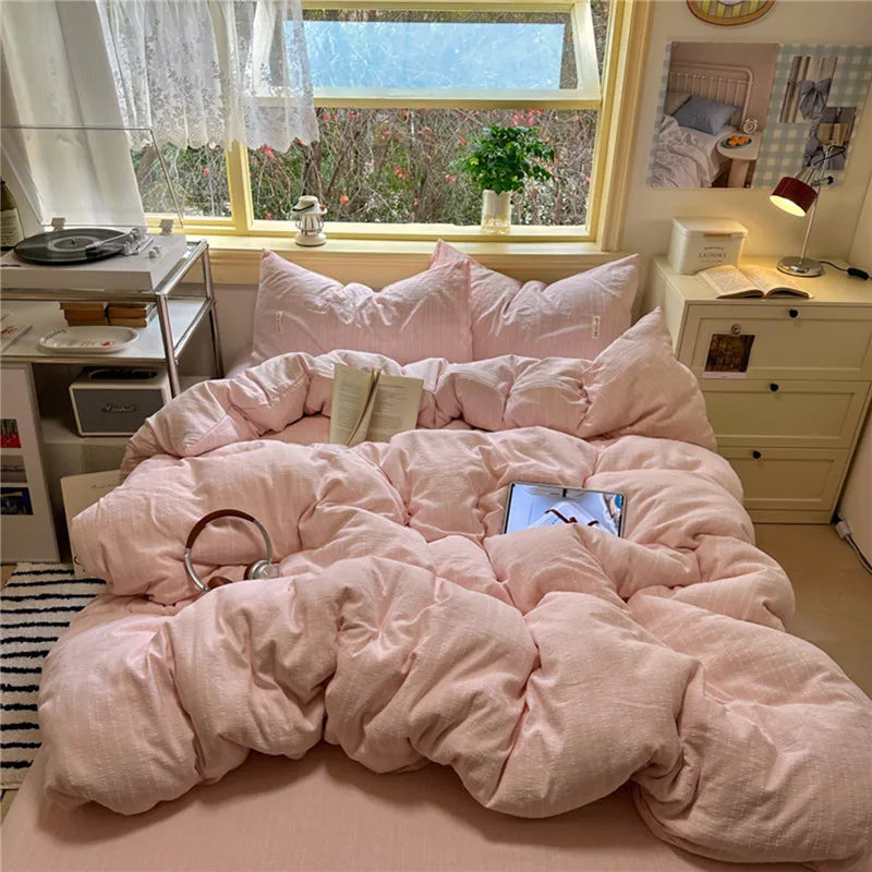 Puffy 3/4Pcs Solid Color Skin-friendly Soft Bedding Set Duvet Cover Bed Sheet Pillowcases