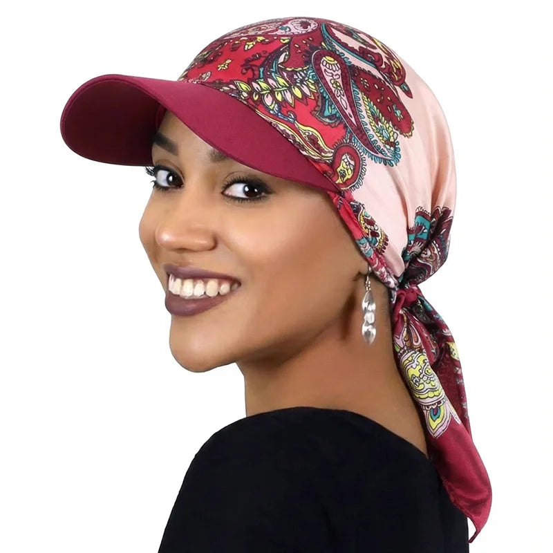 Women Fashion Printed Satin Headscarf Hat with Brim Sun Hats Summer Soft Breathable Headscarf Caps Baseball Cap