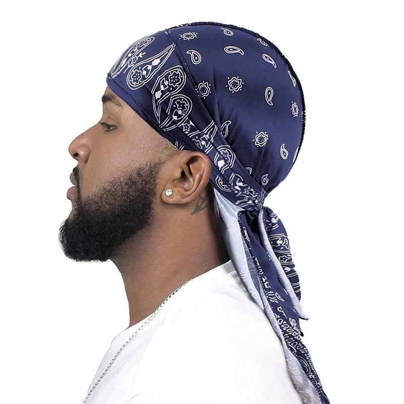 Premium Men Satin Paisley Printed Durag Turban Bandanas Headwear Silky DuRag Doo Rag Long Tail Pirate Hat Wave Caps Hair Accessories