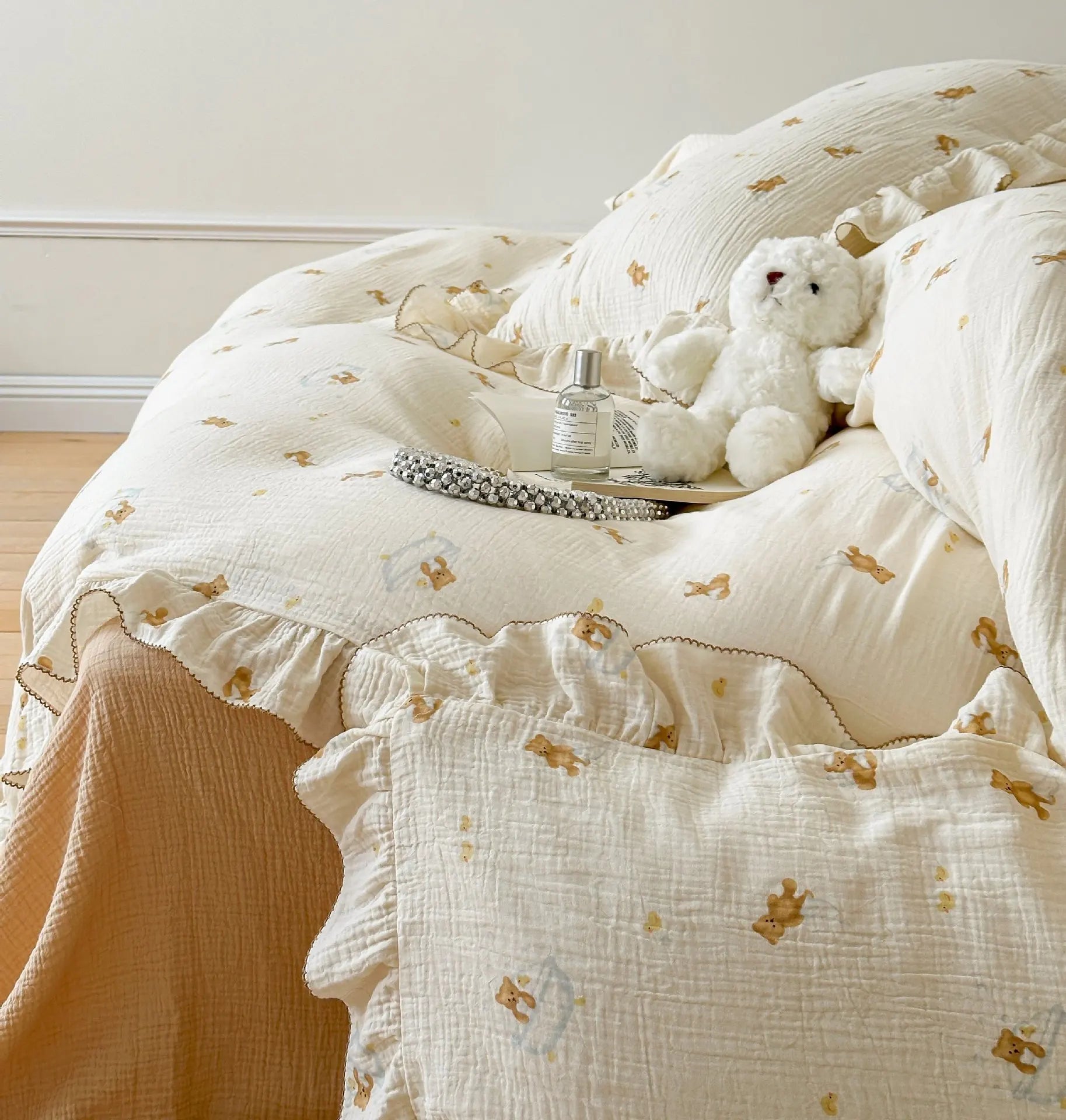 Cozy Princess Ruffle Edge Gauze 100% Cotton Pillow Case Breathable Duvet Cover Without Filler 3PCS Floral Home Bedding Set