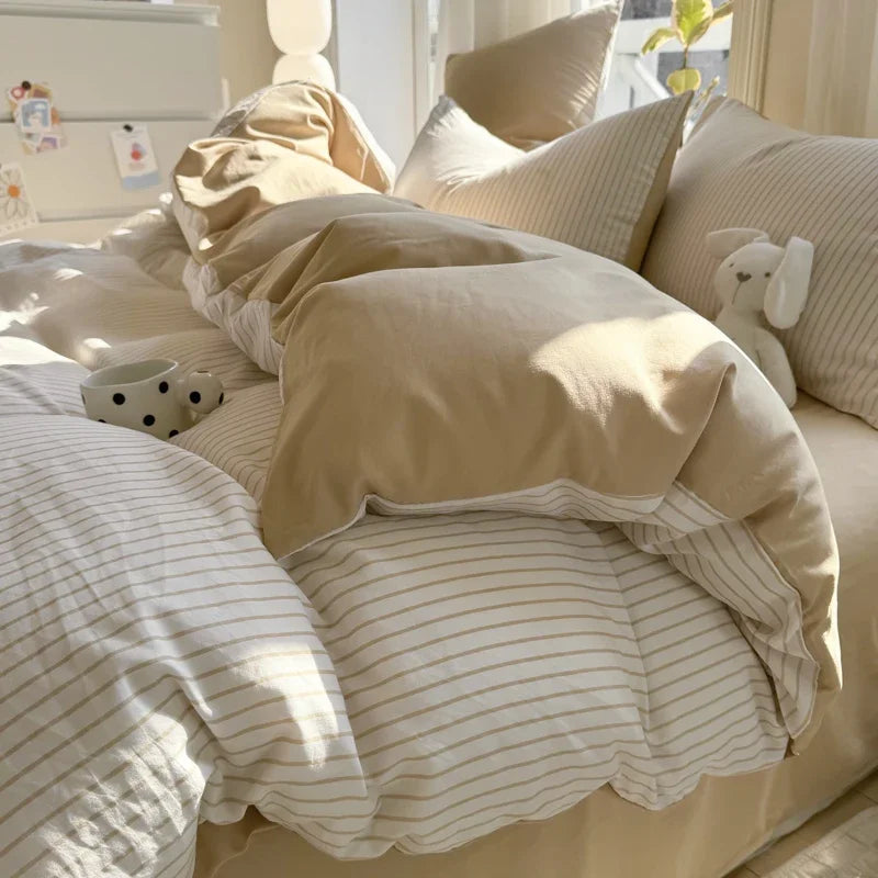 100% Pure Cotton Home Textile Striped Bedding Set Simple Soft Duvet Cover Sheet Pillowcase Ins Style Bed Linens Queen King Size 2025